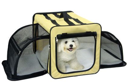 Pet Life Capacious Dual-Expandable Wire Folding Lightweight Collapsible Travel Pet Dog Crate (Color: Khaki, Size: Large)