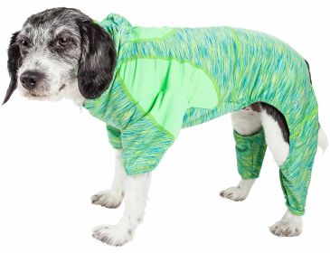 Pet Life Active 'Downward Dog' Heathered Performance 4-Way Stretch Two-Toned Full Body Warm Up Hoodie (Color: Green, Size: Small)