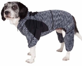 Pet Life Active 'Downward Dog' Heathered Performance 4-Way Stretch Two-Toned Full Body Warm Up Hoodie (Color: Black, Size: X-Small)
