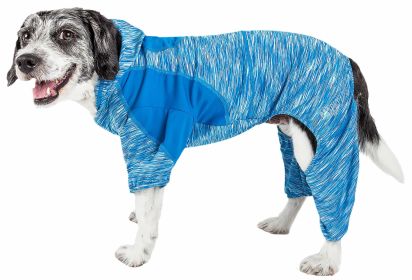 Pet Life Active 'Downward Dog' Heathered Performance 4-Way Stretch Two-Toned Full Body Warm Up Hoodie (Color: Blue, Size: X-Large)
