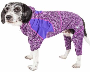 Pet Life Active 'Downward Dog' Heathered Performance 4-Way Stretch Two-Toned Full Body Warm Up Hoodie (Color: Purple, Size: Medium)