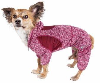 Pet Life Active 'Downward Dog' Heathered Performance 4-Way Stretch Two-Toned Full Body Warm Up Hoodie (Color: Red, Size: Small)