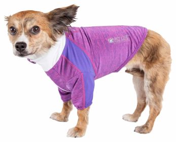 Pet Life Active 'Chewitt Wagassy' 4-Way Stretch Performance Long Sleeve Dog T-Shirt (Color: Purple, Size: Medium)