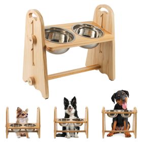 Elevated Dog Bowls for Medium Large Sized Dogs, Adjustable Heights Raised Dog Feeder Bowl with Stand for Food & Water (Color: Wood)