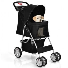 Simple Desight Foldable 4-Wheel Pet Stroller With Storage Basket (Color: Black, type: Pets)